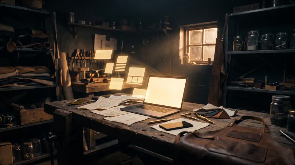 Bancada de ateliê escura com um laptop aceso em luz dourada — a obra digital nascendo